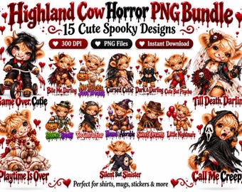 Highland Cow Horror PNG Bundle, 15 Spooky Halloween Designs (Digital Download)