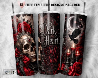 Gothic Skull Raven Moon Tumbler Wrap PNG, Dark Romantic Red Rose Design (Digital Download)