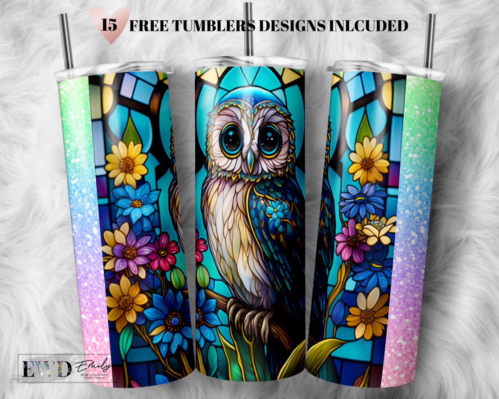 Owl Flower Stained Glass 20 oz Skinny Tumbler Sublimation Design, Instant Digital Download PNG, tumb