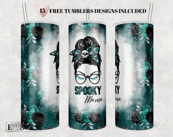 Halloween Spooky Mama Tumbler Wrap: Teal Glitter Pumpkin Ghost (PNG Digital Download)