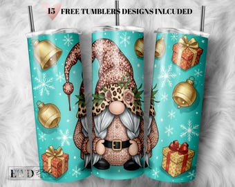 Christmas Gnome Tumbler Wrap PNG: Leopard Print & Snowflakes (Digital Download)