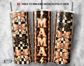 Retro Mama Tumbler Wrap, Checkered Grunge Bow Design (Digital Download)