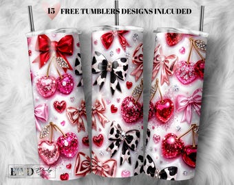 Rhinestone Cherry Bow Tumbler Wrap PNG, Pink Coquette Valentine Sublimation Design (Digital Download)