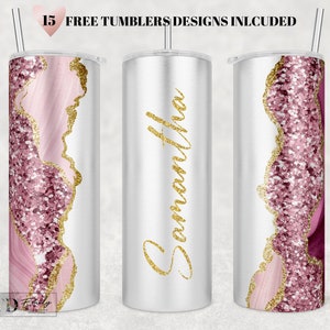 Pink Agate Gold Glitter Tumbler Design: Personalized 20oz Skinny Tumbler (PNG)