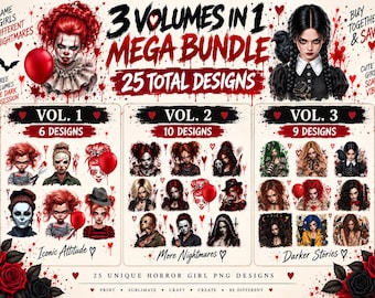 Horror Girl Mega Bundle, 25 Gothic PNG Designs, Spooky Halloween Clipart (Digital Download)