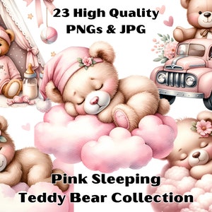 Watercolor Sleeping Teddy Bears Collection Clipart, 23 PNG Cute Teddy Bear On The Moon Clipart, Boho Teddy Bear Clipart, Commercial Use