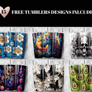 May include: A set of 15 free tumbler designs featuring various patterns, including a skull with flowers, a horse in a stained glass style, a colorful owl, butterflies on white flowers, and avocados.  The designs are printed on stainless steel tumblers.
