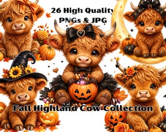 Fall Highland Cow Clipart Bundle | Halloween Witch, Pumpkin PNGs (26 Files)