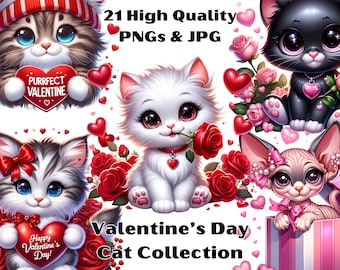 Watercolor Valentines Kittens Clipart, Cat PNG Bundle (Digital Download)