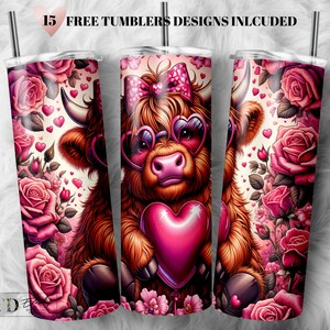 Envoltura para vaso de vaca de las Tierras Altas de San Valentín: vaso delgado de 20 oz con sublimación (descarga digital PNG)
