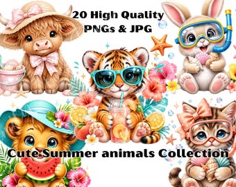 Summer Animals Clipart Bundle | Highland Cow, Bunny, Tiger, Cat PNGs (Digital Download)