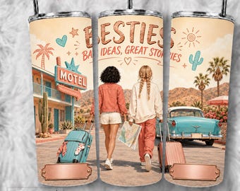 Besties Tumbler Wrap PNG, Travel Friends, Retro Motel Design (Digital Download)
