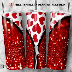 May include: A red glitter tumbler with a black zipper design and red hearts on a white background. The tumbler has a stainless steel straw. 15 free tumbler designs included.