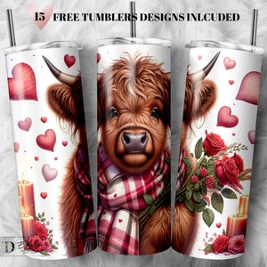 Envoltura para vaso de vaca de las Tierras Altas de San Valentín: Diseño de sublimación para vaso delgado de 20 oz (descarga digital PNG)
