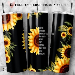 Sunflower Black Tumbler Wrap: 20oz 30oz Skinny Design (PNG Digital Download)