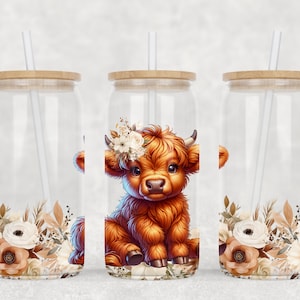Highland Cow Libbey Glass Wrap, Floral 16 Oz Glass Can Wrap PNG, Flowers Glass Tumbler Wrap, Glass Can Sublimation Wrap Design Download