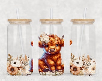 Floral Highland Cow 16 Oz Glass Can Wrap PNG (Digital Download)