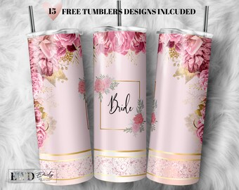 May include: Three pink and gold floral patterned stainless steel tumblers with a gold glitter bottom. The center tumbler has a gold square with the word "Bride" inside.