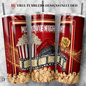 Movie Night Tumbler Design, Theater Sublimation Wrap Downloads, Gold glitter Sublimation Designs-PNG Instant Download