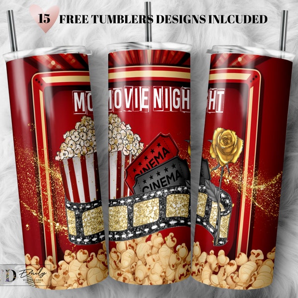 Movie Night Tumbler Design, Theater Sublimation Wrap Downloads, Gold glitter Sublimation Designs-PNG Instant Download