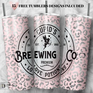 Valentine Glitter Cheetah Tumbler Design: Cupid&#39;s Brewing Co. (PNG File)
