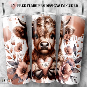 Rose Gold Mama Highland Cow Tumbler Wrap Mom Tumbler Design Mother&#39;s day Tumbler Png 20oz Skinny Tumbler Sublimation Design Digital Download