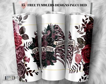 Envoltura de vaso con esqueleto floral PNG: Diseño sensible y salvaje (descarga digital)
