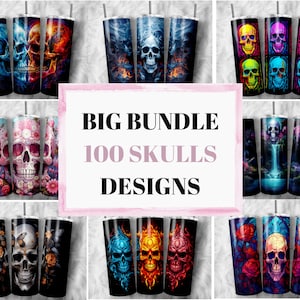 100 Skull Bundle 20 oz Skinny Tumbler Sublimation Design, Mystical Watercolor Skulls, Digital Download, Straigh Tumbler Wrap PNG