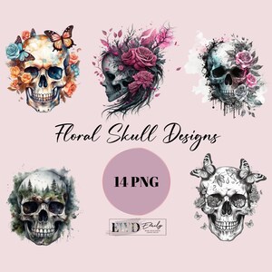 May include: A set of 14 digital designs featuring floral skull illustrations. The skulls are decorated with flowers, butterflies, and foliage in various colors, including black, white, pink, blue, and green. The designs are perfect for creating unique and eye-catching projects.