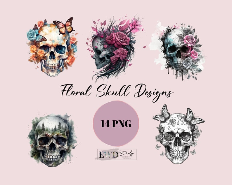 May include: A set of 14 digital designs featuring floral skull illustrations. The skulls are decorated with flowers, butterflies, and foliage in various colors, including black, white, pink, blue, and green. The designs are perfect for creating unique and eye-catching projects.