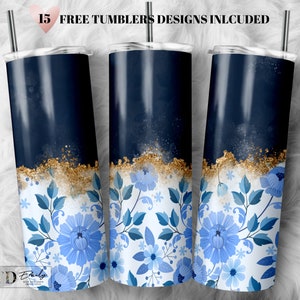 Navy Blue Flower 20oz Sublimation Tumbler Designs, Floral With Gold glitter Skinny Tumbler Wrap PNG