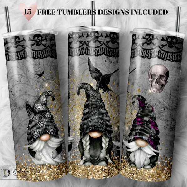 Gothic Gnome Tumbler Wrap PNG, Skull tumbler, 20 oz Skinny Sublimation Tumbler Designs for Tumbler Digital Download