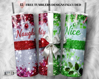 Christmas Tumbler Wrap PNG – Naughty or Nice Glitter Design (Digital Download)