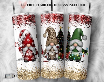 Christmas Gnome Tumbler Wrap PNG: Leopard Print, Glitter Lights (Digital Download)
