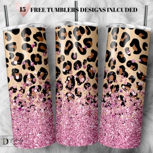 Leopard Tumbler PNG: Pink Glitter 20oz Skinny Sublimation Design (Commercial Use)