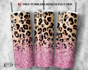 Leopard Tumbler PNG: Pink Glitter 20oz Skinny Sublimation Design (Commercial Use)