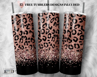 Leopard Tumbler PNG: Rose Gold Glitter, 20oz Skinny Tumbler (Digital Download)