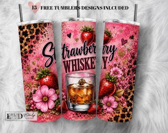 Strawberry Whiskey Tumbler Wrap PNG, Pink Leopard 20oz Skinny Tumbler Design (Digital File)