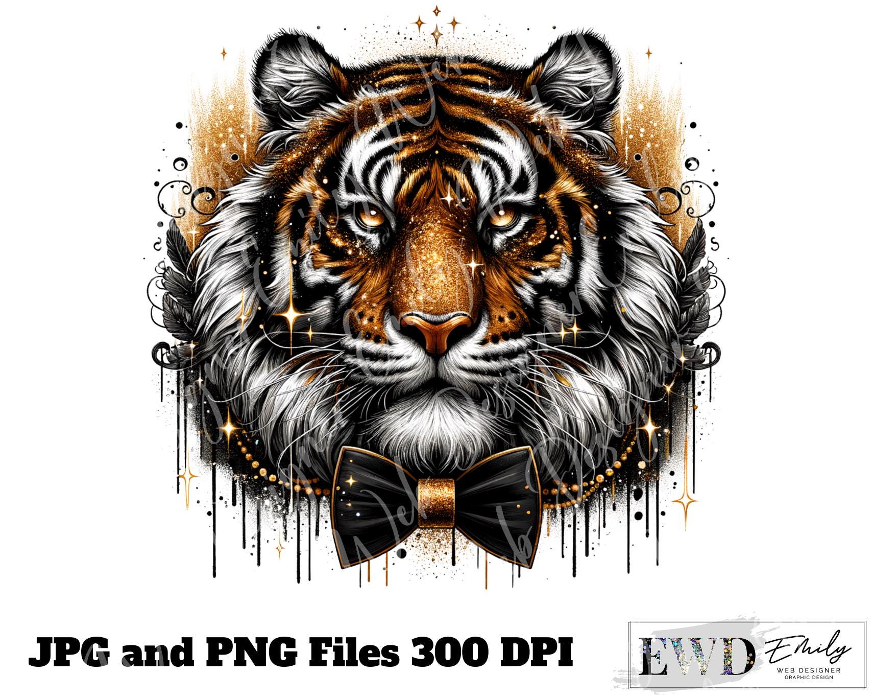 Glitter Tiger Face PNG: Gold Sparkly Mascot, T-shirt Design
