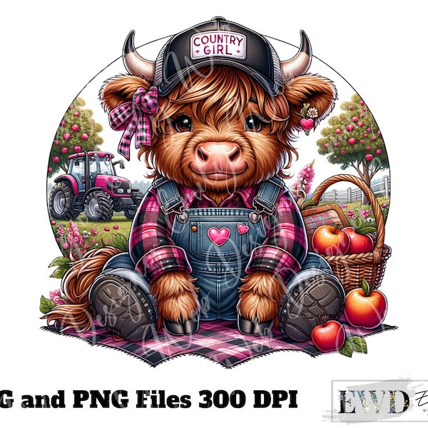 Farm Life, Country Farm Girl, Highland Cow Sublimation Design Farm Scene & Tractor PNG Digital Download