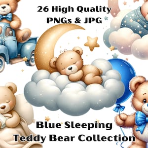 Watercolor Sleeping Teddy Bears Collection Clipart, 26 PNG Cute Teddy Bear On The Moon Clipart, Boho Teddy Bear Clipart, Commercial Use