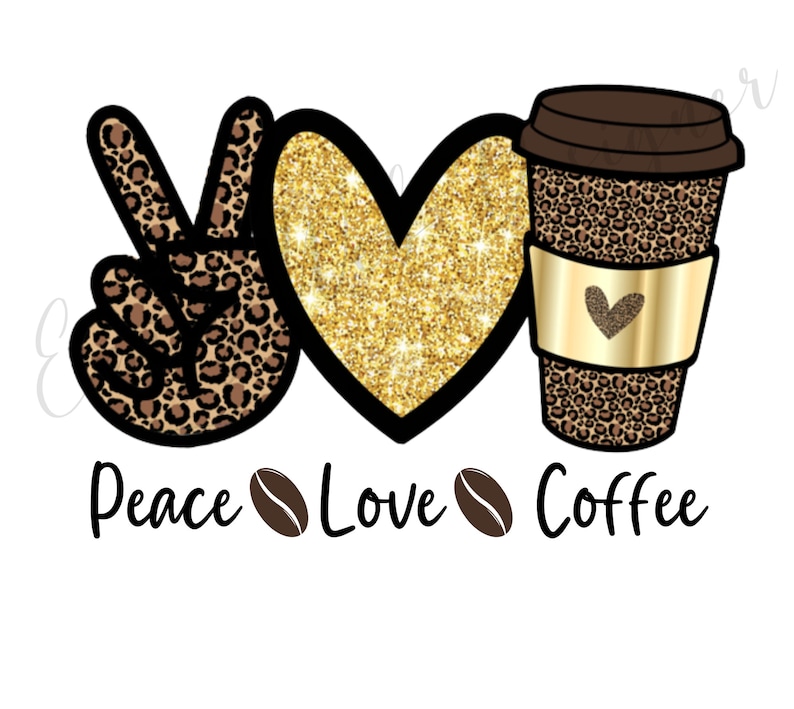 Pu&ograve; includere: Grafica di pace, amore e caff&egrave; con un segno di pace, un cuore e una tazza di caff&egrave; in un motivo a stampa leopardata. Il cuore &egrave; di glitter dorato e il testo &egrave; in nero.