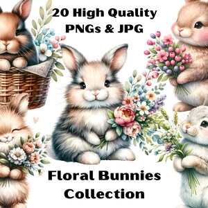 Aquarel konijntjes met bloemen clipart, 11 PNG Bunny clipart, schattige Bunny clipart, lente konijntjes clipart, bloemen clipart, commercieel gebruik