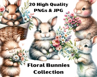 Watercolor Bunny Clipart: Spring Floral PNG (Commercial Use)