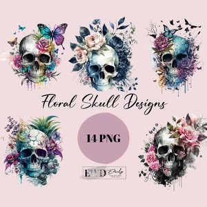 May include: A set of 14 digital floral skull designs. The skulls are surrounded by colorful flowers and leaves. The designs are perfect for use in crafting, scrapbooking, and other creative projects.