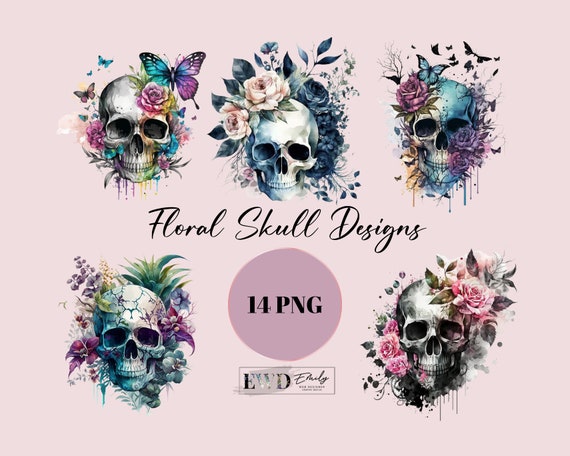 Watercolor Floral Skull Clipart: 14 PNG Skull Designs (Digital Download)