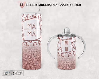 May include: Two stainless steel tumblers with a rose gold glitter ombre design and a white background. The larger tumbler has the text "MA MA" in a gold frame. The smaller tumbler has the text "MI NI" in a gold frame.