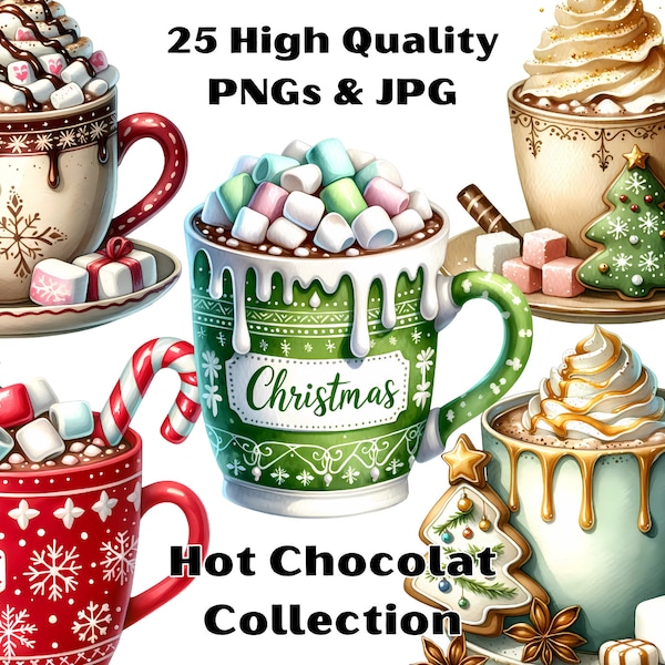 Watercolor Hot Chocolate Clipart, 25 PNG Hot Cocoa Clipart, Hot Chocolate Clipart, Food Clipart Bundle, Christmas Images, Commercial Use