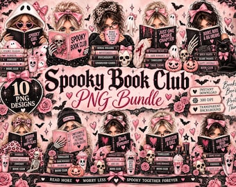 Spooky Book Club Bundle, Pink Halloween Bookish Girl, Dark Romance True Crime Sublimation Designs (Digital Download)