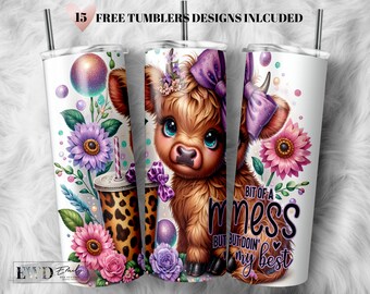Highland Cow Sunflower Tumbler Wrap Sublimation Design (PNG)